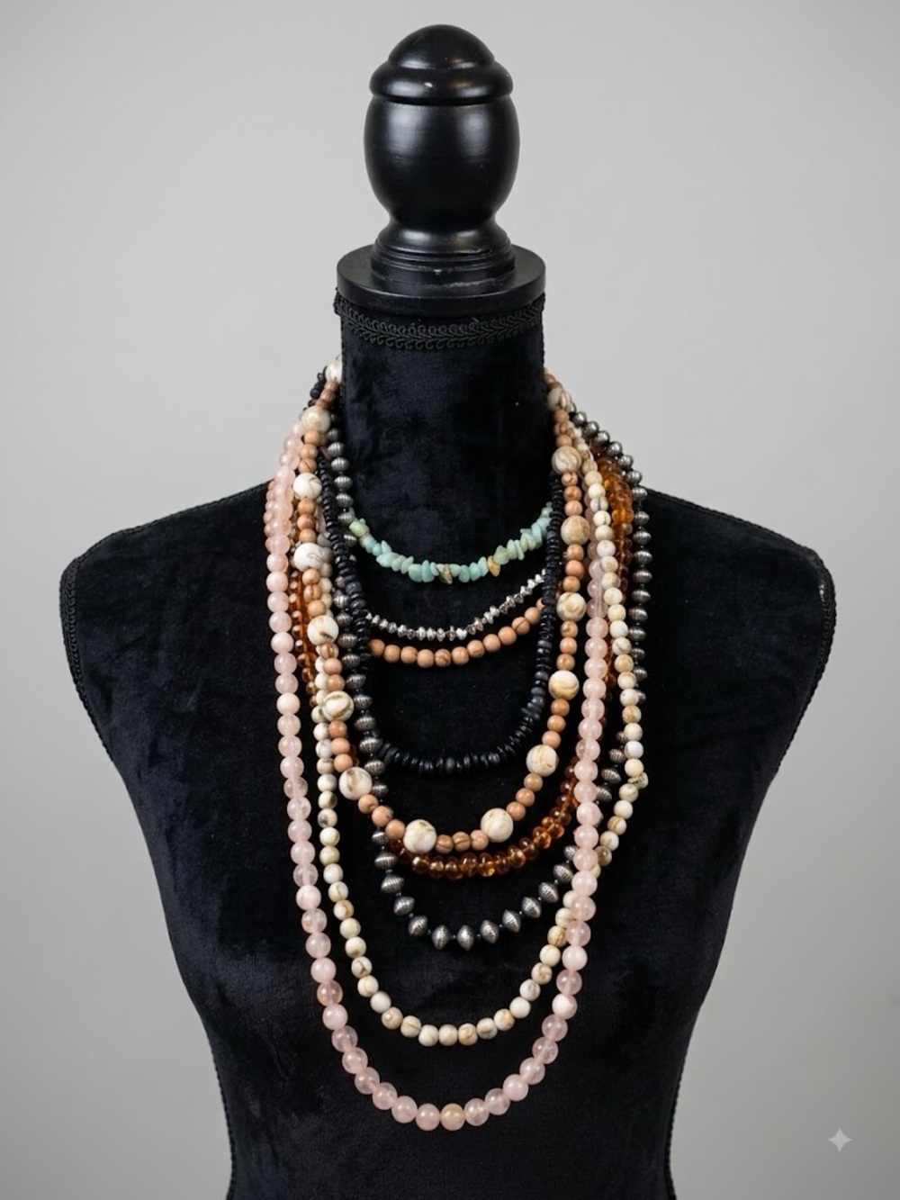 Multi-Strand Mixed Bead Statement Necklace - Neutral and Rose Tones